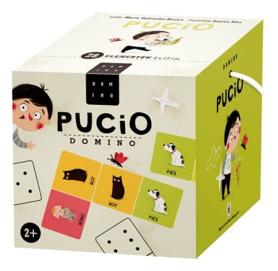 Biało-zielone opakowanie z dominem z Puciem - bohaterem książek 