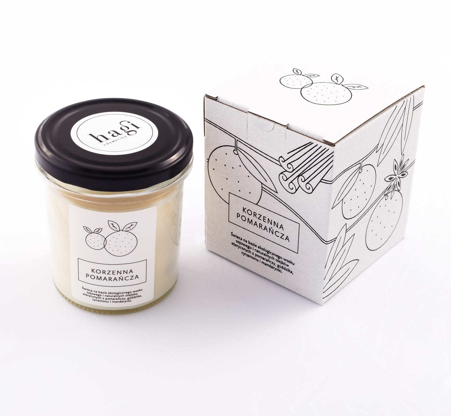 Świeca sojowa w słoiczku z czarną nakrętką i z kartonowym pudełkiem obok