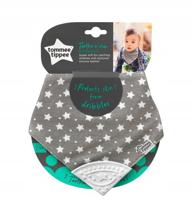 Dwa śliniaki na kartoniku z wizerunkiem dziecka - jeden szary w jasne gwiazdki, drugi zielony