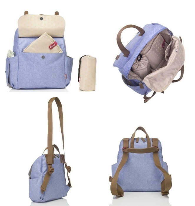 Jasnoniebieska torba plecak w różnych konfiguracjach na 4 zdjęciach składających się na jedną planszę