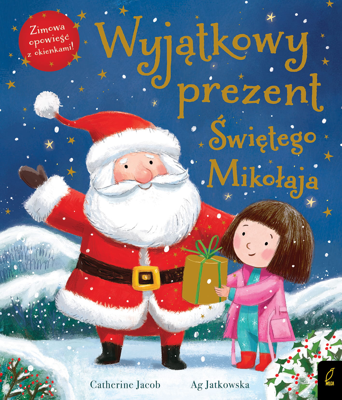 Święty Mikołaj z dziewczynką stoją na tle nocnego nieba
