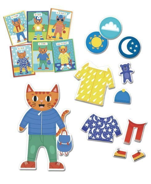 Zestaw magnesów z kotem, różnymi ubraniami i kartami z pogodą