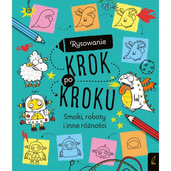 Turkusowa okładka książki z tytułem i ilustracjami smoka, robota, owieczki
