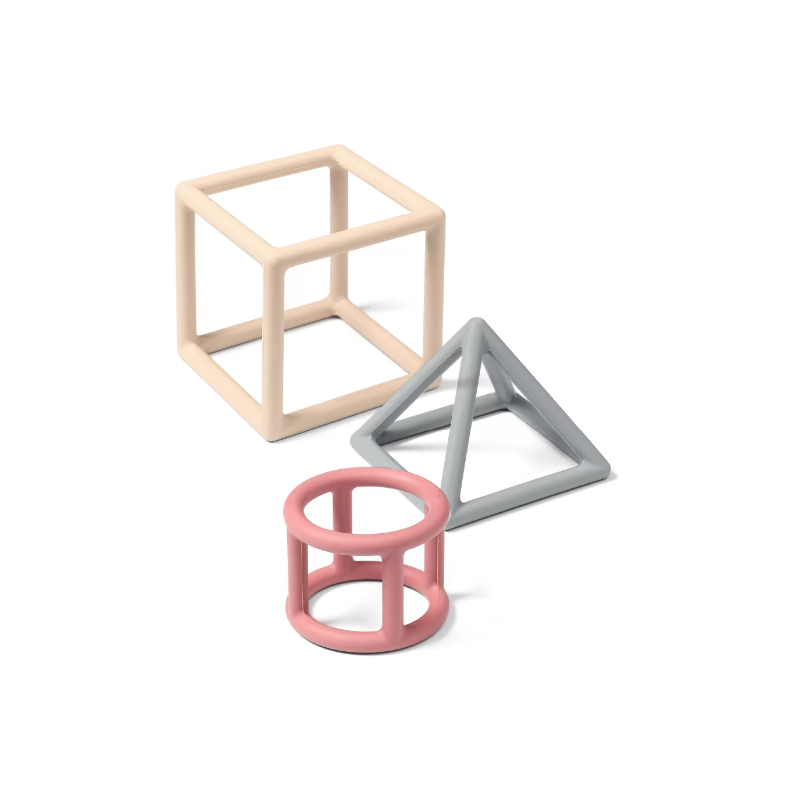 Gryzaki bryły geometryczne: sześcian, walec i ostrosłup w pastelowych odcieniach