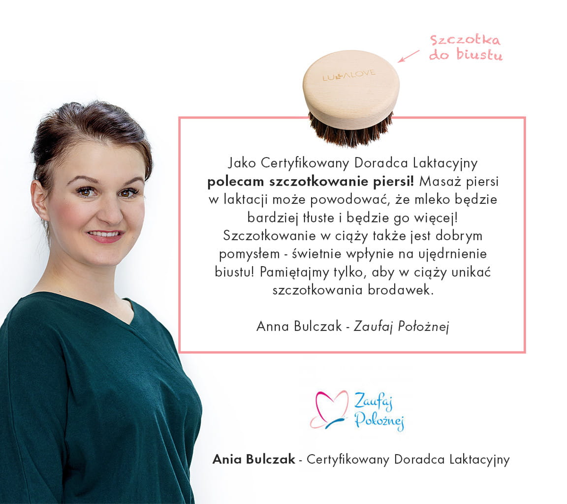 Uśmiechająca się kobieta z boku zdjęcia - obok ramka z jej wypowiedzią i zdjęcie szczotki do biustu