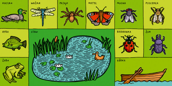 Rozkładówka z książki przedstawiająca staw i zwierzęta i owady