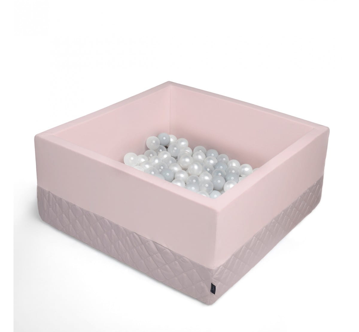 Suchy basen, różowy, z pianki wypełniony szarymi i srebrnymi kuleczkami