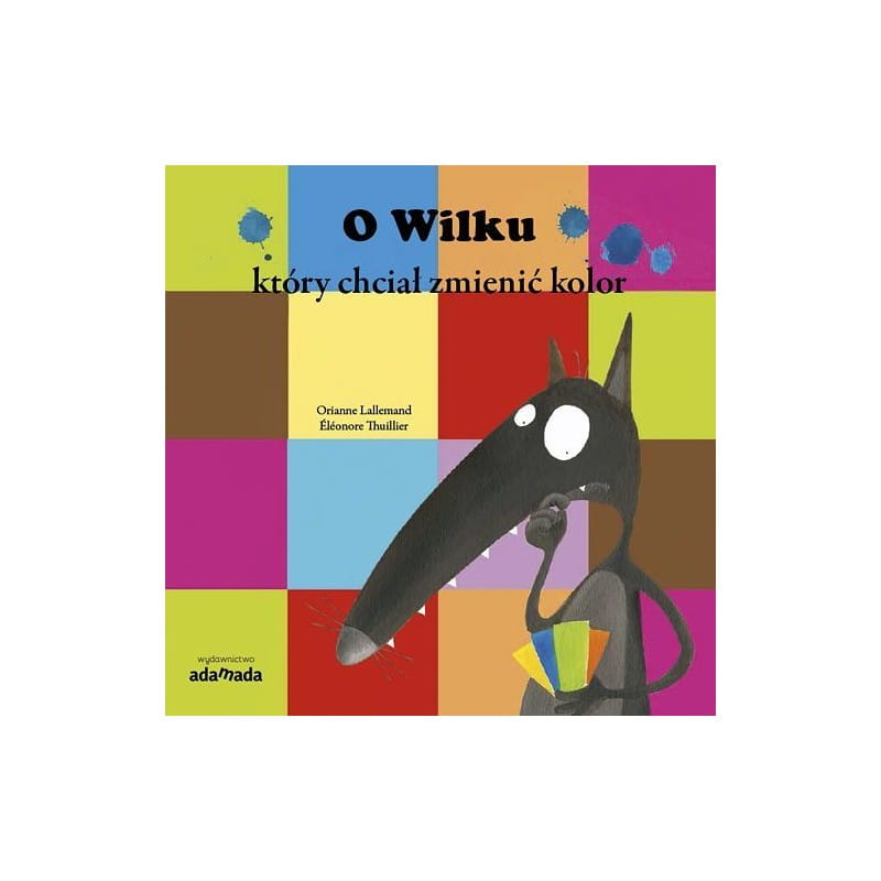 Czarny wilk narysowany na tle kolorowych kwadratów