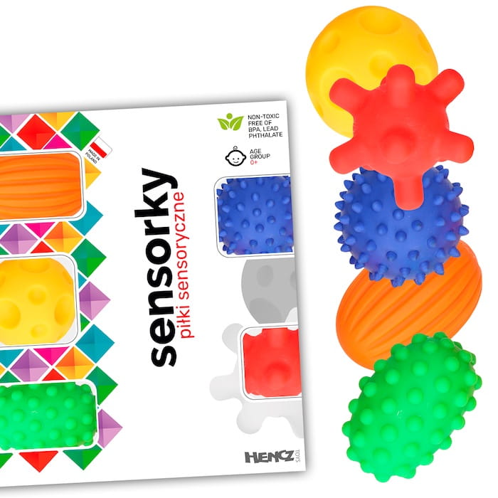 Piłeczki sensoryczne w różnych kolorach i o różnych kształtach z wypustkami 