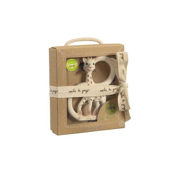 Żyrafka Sophie mała w pudełku z kartonu z witrynką przewiązana materiałową wstążką z napisem