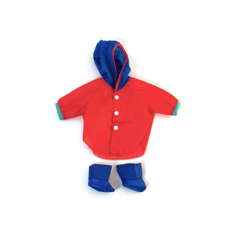 Miniland Set Di Biancheria In Maglia Riciclata Per Bambole 32 Cm, Tutina E Cappuccio Corallo, Made In Spain
