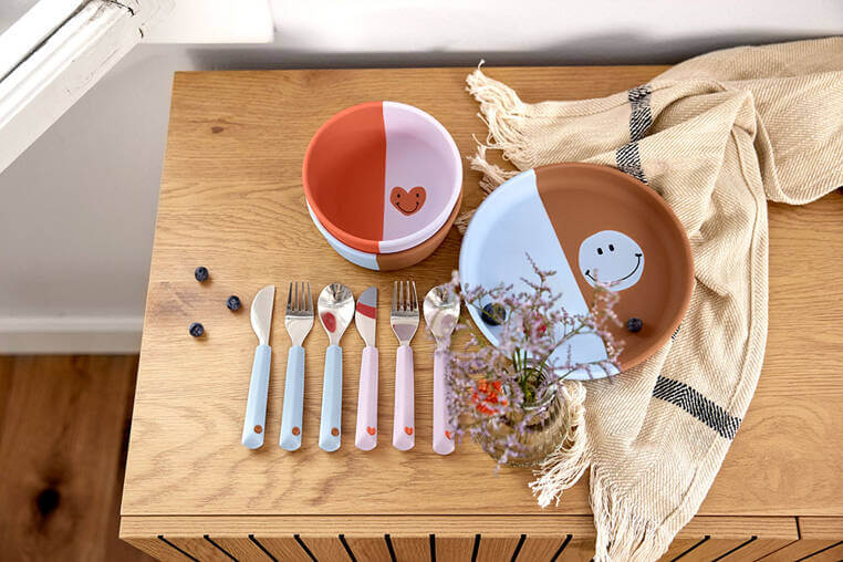 LÄSSIG Happy Rascals Baby Dish Set - Plate, Bowl, Cup & Spoon, BPA-Free, Dishwasher Safe (Sky Blue)